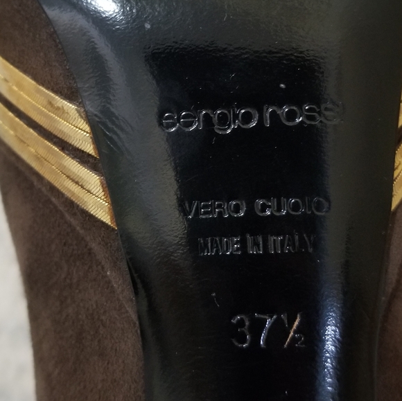 Sergio Rossi Brown Suede Platform Pump Gold Chain - Picture 9 of 10